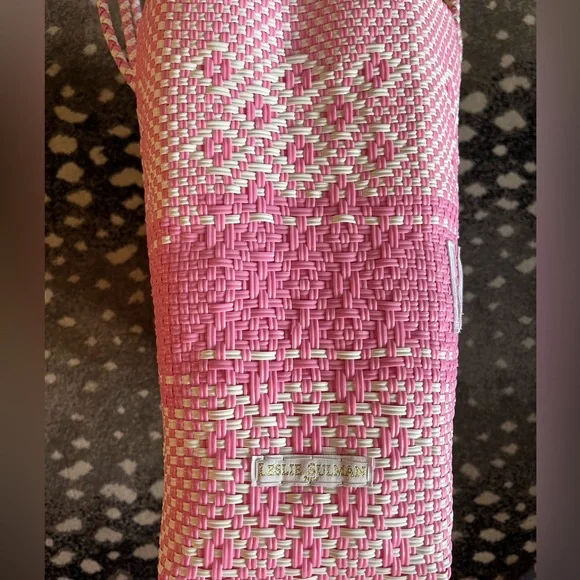 Loveshackfancy x Leslie Sulman pink woven logo St Barts tote bag beach bag - Picture 6 of 10